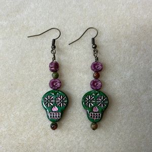 Czech Glass Green Sugar Skull Earrings